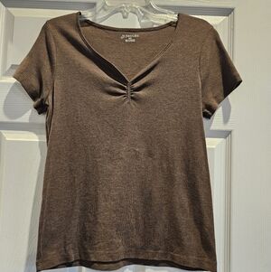 St. John's Bay Brown Ribbed Short Sleeve V-Neck Top